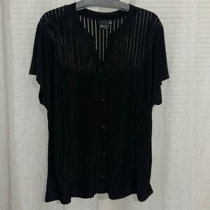 ELIE McCARTHY 3X Liquid Jersey Black-Button Blouse Top Stripe Sheer Detail